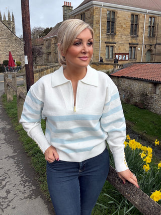 LYDIA QUARTER ZIP KNIT NATURAL POWDER BLUE