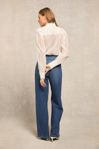 Collarless Broderie Shirt White