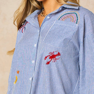 Embroidered Striped Long Sleeve Cotton Shirt in Blue
