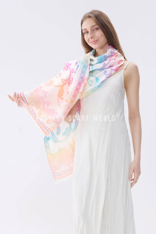 Ombre Floral Print Cotton Frayed Scarf: Cream