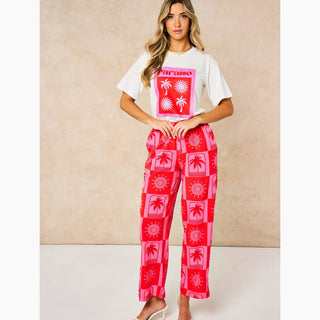 Sun & Palm Tree Wide Leg Trousers in Hot Pink