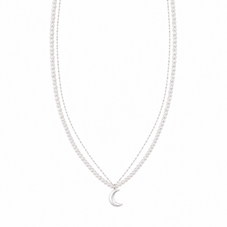 Double Layer Pearl and Brushed Moon Necklace in Silver