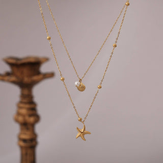 Ball Chain twin necklace with starfish, shell & pearl charms