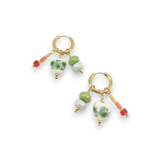 Porcelain Print & Bead Pendant Huggie in Green and Gold