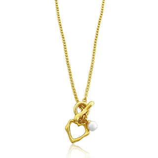 T-bar necklace with misshapen heart and pearl pendant