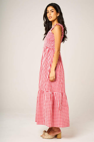 Check Print Hem Detail Maxi Dress In Red