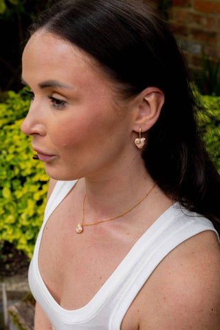 Flowered Heart Pendant Earring in Pink & Gold
