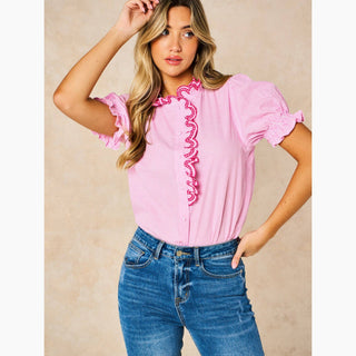 Candy Stripe Short Sleeve Cotton Shirt in Pink