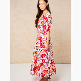 Postcard Print Maxi Kaftan Dress in Pink