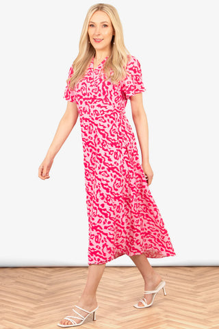 Addie Short Sleeve Wrap Dress - Pink, Leopard