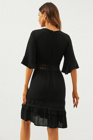 V Neck Lace Mini Dress In Black