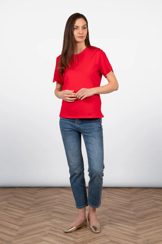 Bryn Cotton Short Sleeve Top - Red, Broderie Anglaise