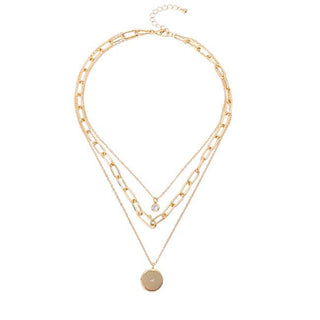 Triple Chain Link & Disc Necklace in Gold