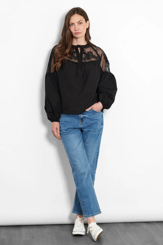 Emmy Long Sleeve Cotton Shirt with Black Lace Detail