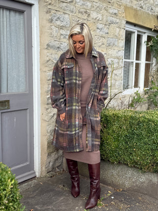 Elle Long Fleece Jacket - Bison Plaid