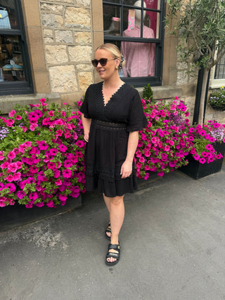 V Neck Lace Mini Dress In Black