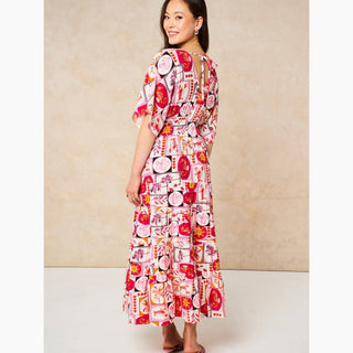 Postcard Print Maxi Kaftan Dress in Pink