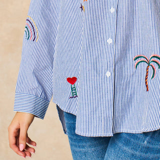 Embroidered Striped Long Sleeve Cotton Shirt in Blue