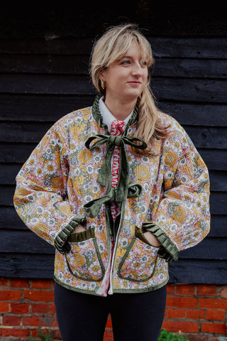 Reversible Jacket - Yellow/Green Floral with Pink Star Reverse