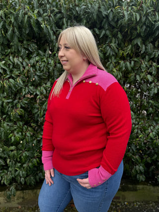 Gold Button 1/4 Zip Jumper Cerise & Red