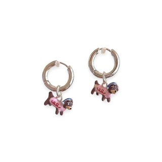 Dachschund with Headphones Pendant Huggie in Brown & Silver