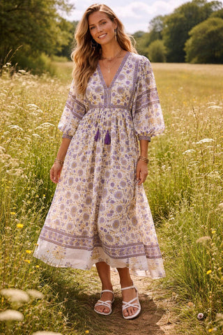 Amelia San Floral Lilac Floaty sleeve woodblock print with flowers, maxi dress
