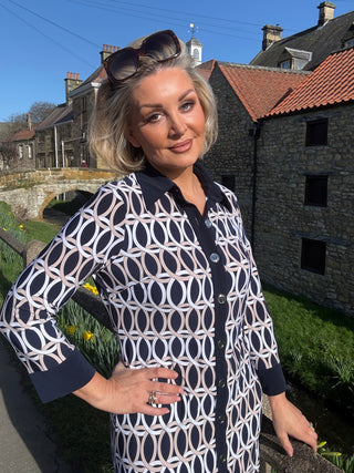 Silky Knit Geometric Print A-Line Shirt Dress