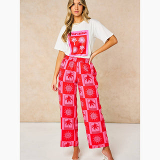 Sun & Palm Tree Wide Leg Trousers in Hot Pink