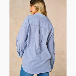Embroidered Striped Long Sleeve Cotton Shirt in Blue