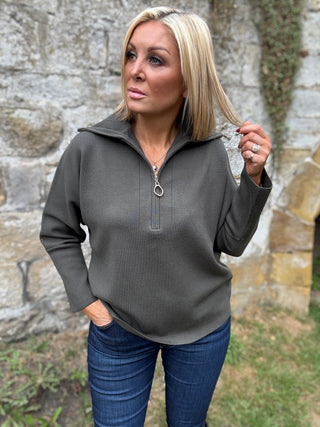 Sweater Knit Boxy Pullover With Zipped Collar Avocado
