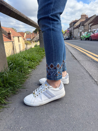 Slim Fit Denim Ankle Grazer with Embroidery in indigo