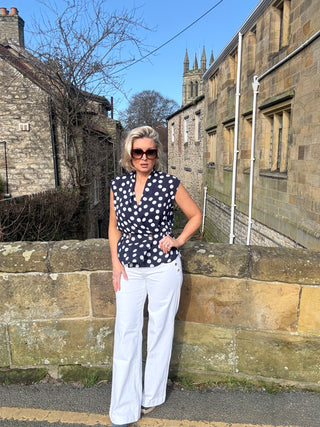 Georgette Dot Print Wrap Peplum Top With Gold Buttons