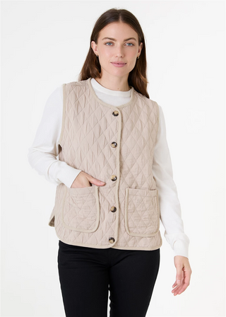Round Neck Boxy Diamond Quilted Gilet - Stone