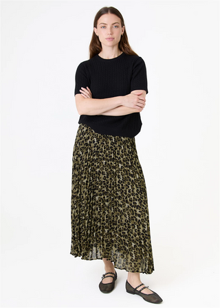 Leopard Print Chiffon Pleated Skirt - Khaki