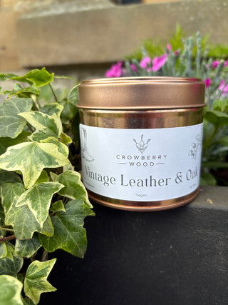 Crowberry Wood Tin Candle- Vintage Leather & Oak