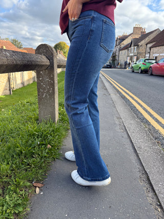 High Waisted Flared Denim Jean with Embroidery Feature in Indigo