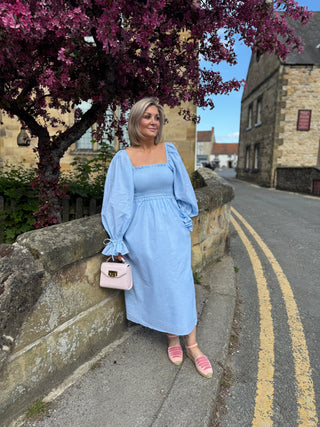 SMOCK DRESS PALE BLUE CHAMBRAY