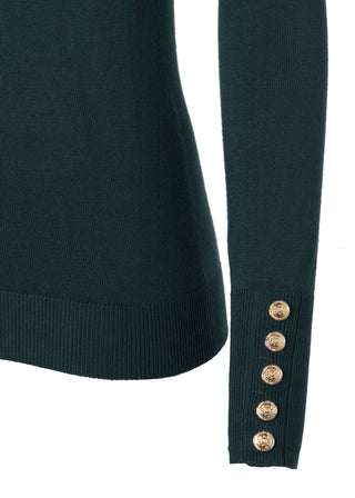 Buttoned Knit Crew Neck Deep Emerald