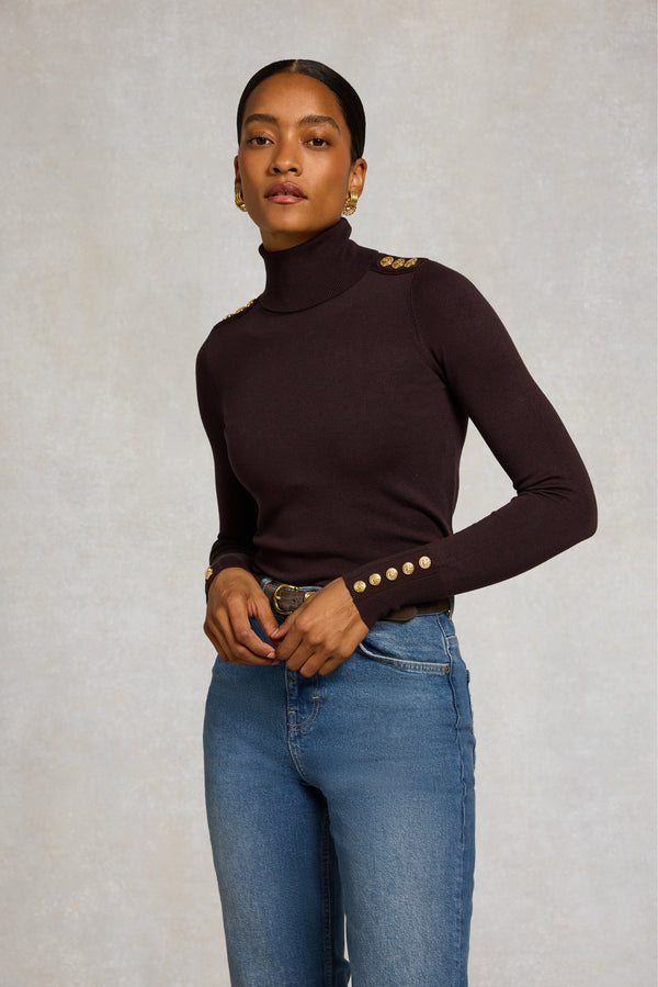 BUTTONED KNIT ROLL NECK - CHOCOLATE