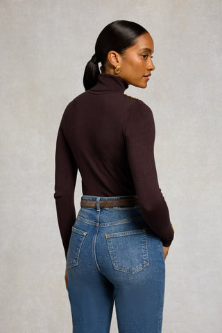 BUTTONED KNIT ROLL NECK - CHOCOLATE