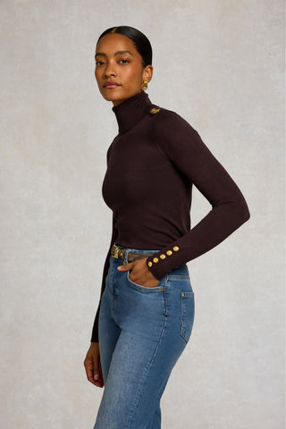 BUTTONED KNIT ROLL NECK - CHOCOLATE