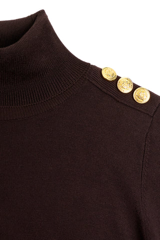 BUTTONED KNIT ROLL NECK - CHOCOLATE