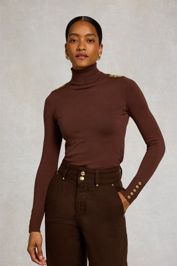 BUTTONED KNIT ROLL NECK - WALNUT