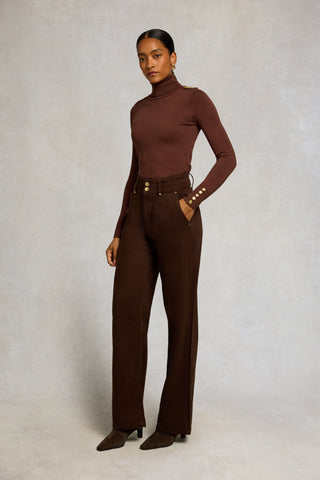 BUTTONED KNIT ROLL NECK - WALNUT