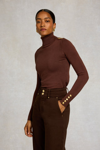 BUTTONED KNIT ROLL NECK - WALNUT