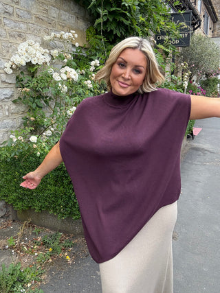 Theo Asymetric Knit Poncho Eggplant