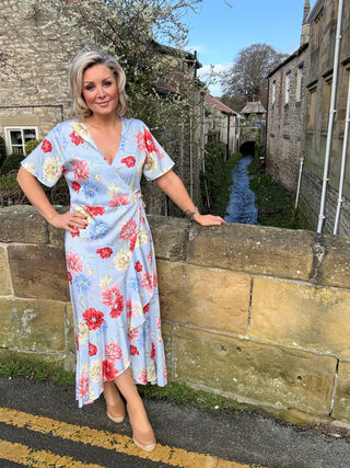 FLORAL PRINT WRAP SS FRILL DRESS