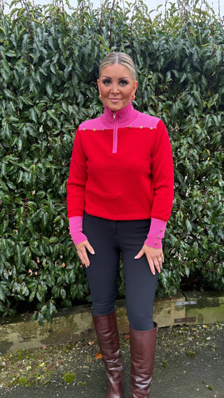 Gold Button 1/4 Zip Jumper Cerise & Red