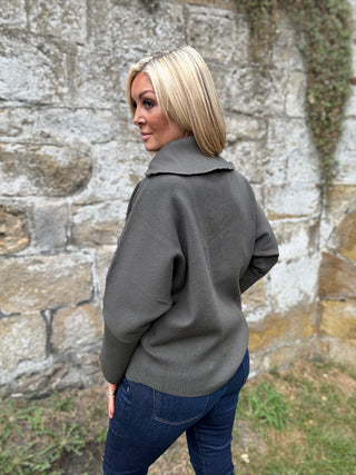 Sweater Knit Boxy Pullover With Zipped Collar Avocado