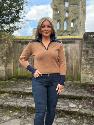 Gold Button 1/4 Zip Jumper Navy & Tan